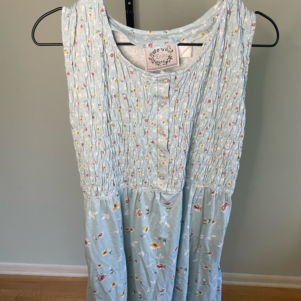 Erika floral midi dress with pockets. Lightweight, button front, elasticized top